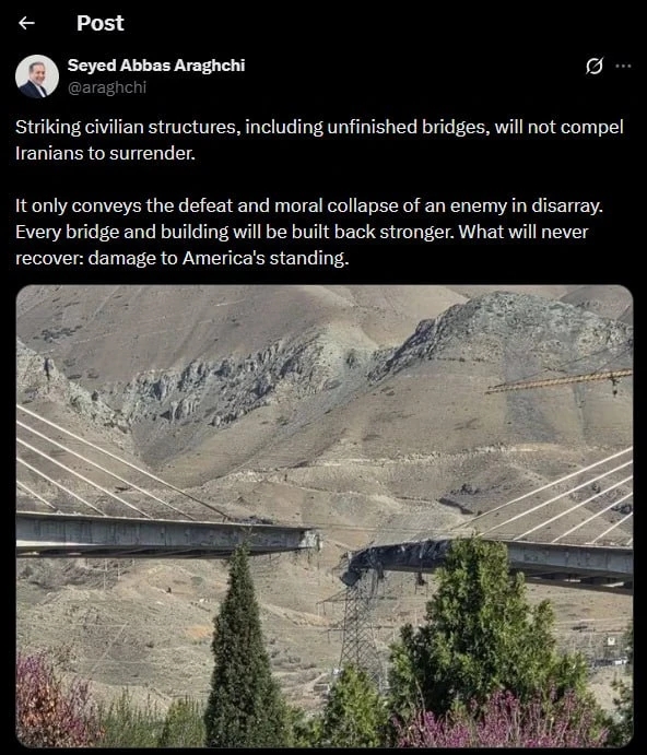 Арагчи: удары по гражданским объектам не заставят иранцев сдаться, репутация США восстановлению не подлежит